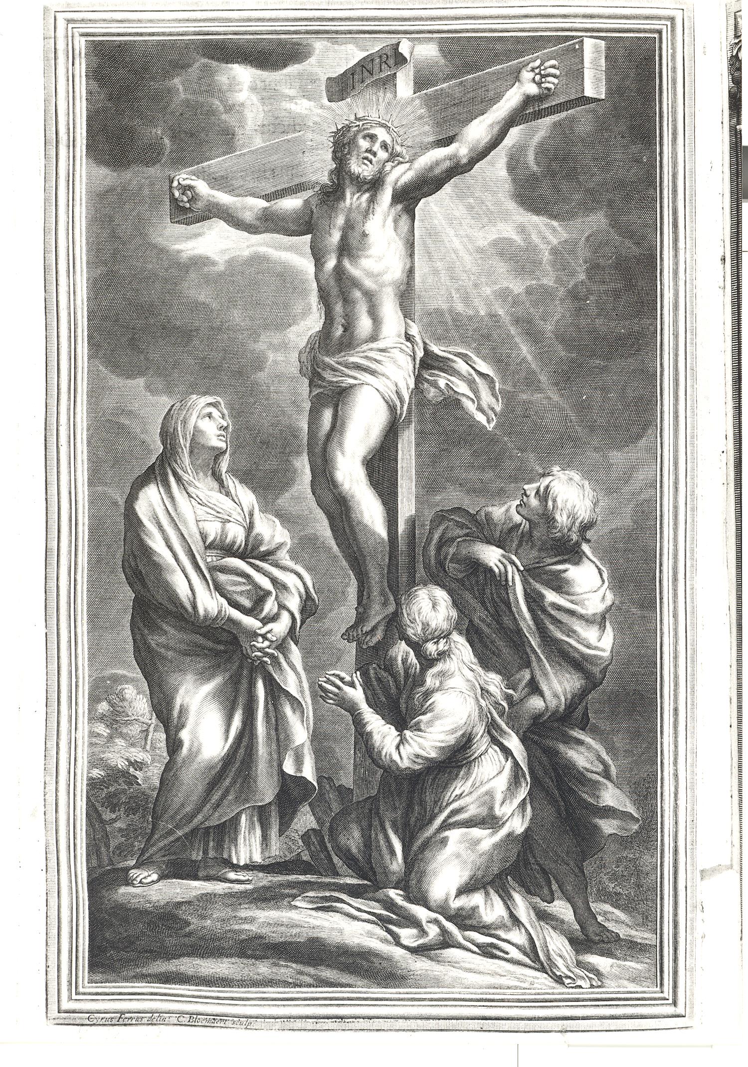 Cristo crocifisso con la Madonna, Santa Maria Maddalena e San Giovanni evangelista (stampa) di Bloemaert Cornelis il Giovane, Ferri Ciro (sec. XVIII)