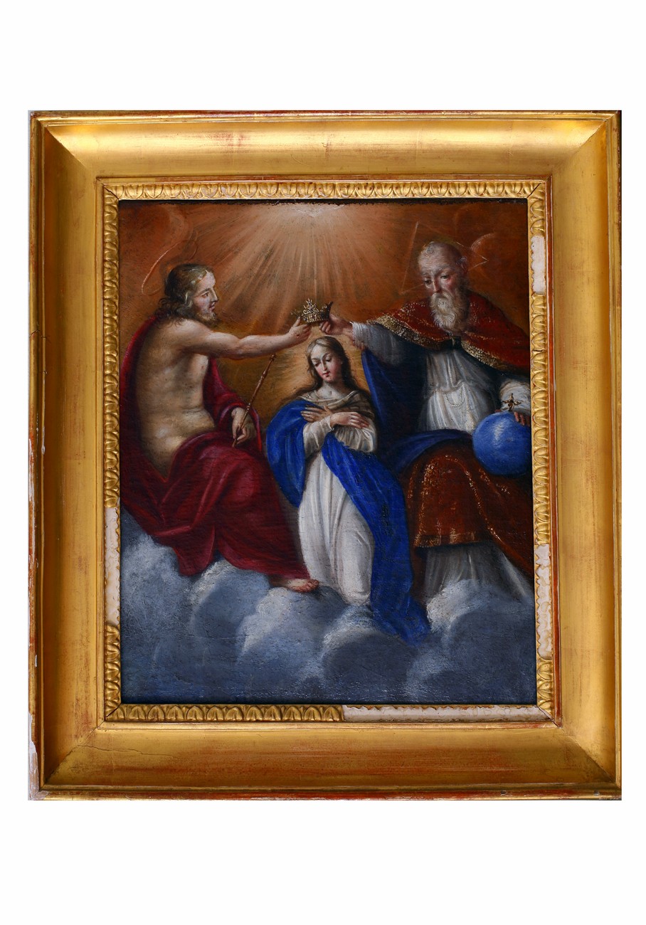 L'Incoronazione della Vergine, scena sacra (dipinto) di Bartolomé Esteban Murillo (scuola) (seconda metà XVII secolo)