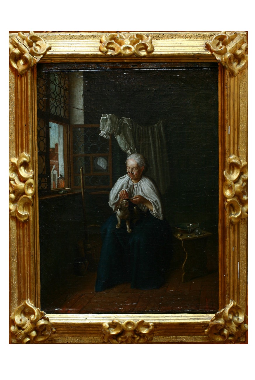 Donna seduta in atto di pettinare un gatto, Scena d'interno (dipinto) di Horemans Jan Joseph (prima metà sec. XVIII)