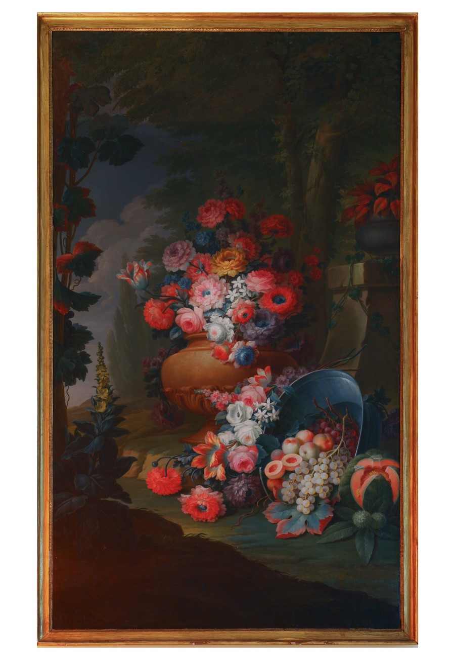 Frutti e fiori con vaso e bacile riverso, Natura morta (dipinto) - ambito piemontese (sec. XVIII)