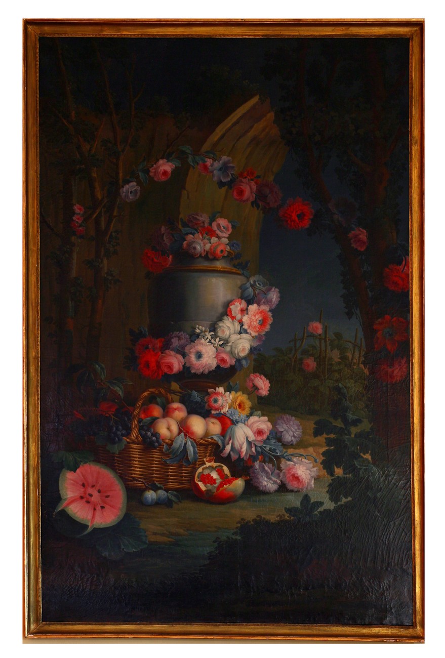 Frutti e fiori con cocomero, melone e arcata di fondo, Natura morta (dipinto) - ambito piemontese (sec. XVIII)
