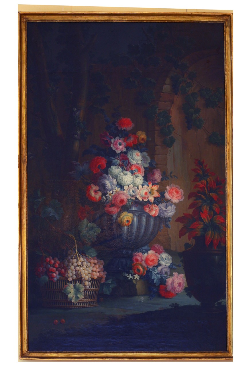 Frutta e fiori con vaso e cesta di frutta, Natura morta (dipinto) - ambito piemontese (sec. XVIII)