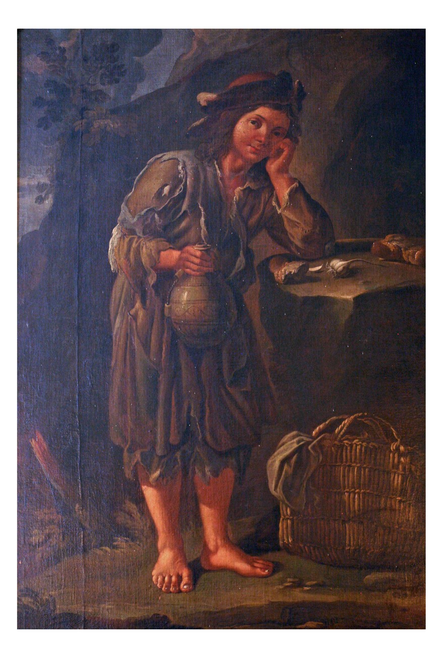 Mendicante con vaso e sporta, Personaggio maschile (dipinto) di Felice Boselli (fine/ inizio sec. XVII)