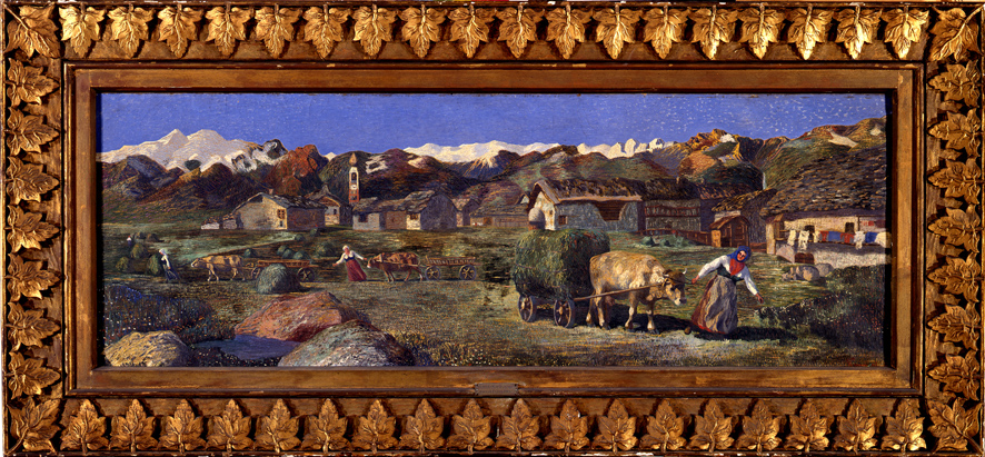 La raccolta del fieno, Paesaggio con figure (dipinto, opera isolata) di Ramponi Ferdinando (XX)