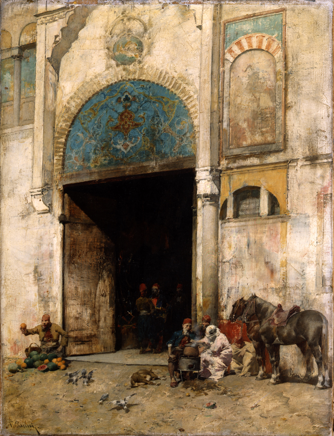 La porta di un Bazar al Cairo, scena di genere (dipinto, opera isolata) di Pasini Alberto (XIX)