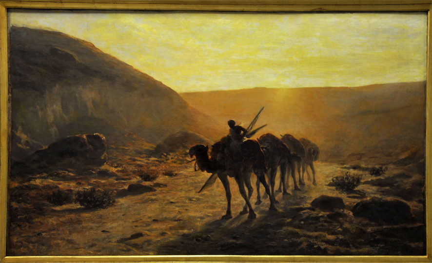 Nel deserto, personaggio arabo su cammello nel deserto (dipinto, opera isolata) di Biseo Cesare (sec. XIX)