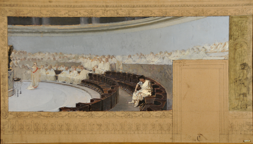 Quo usque tandem, scena storica romana (dipinto, opera isolata) di Maccari Cesare (XIX)