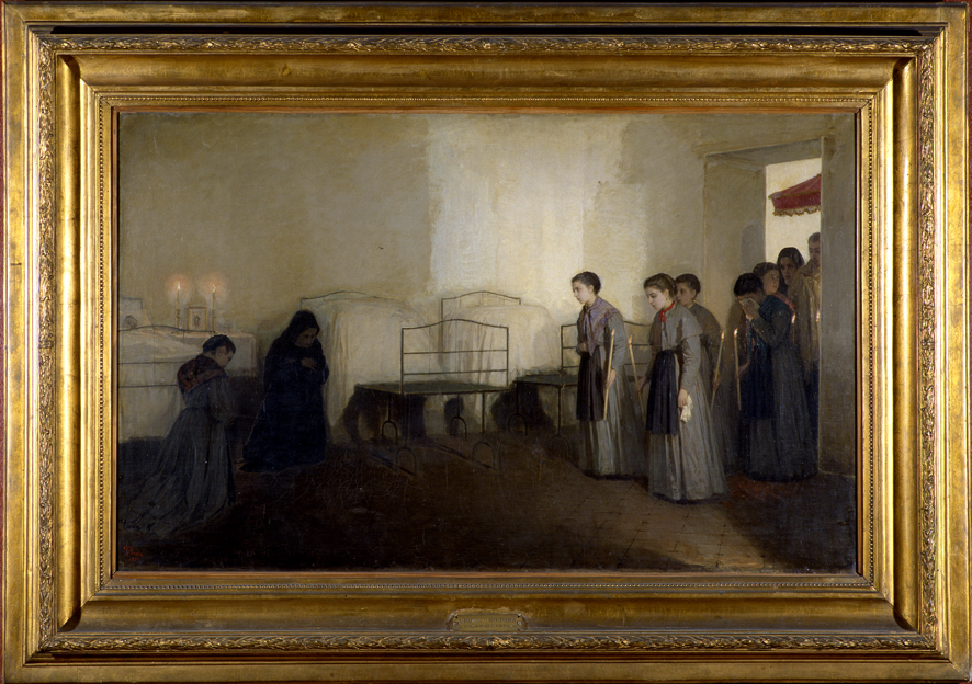 Il viatico dell'orfana, scena di genere (dipinto, opera isolata) di Toma Gioacchino (XIX)