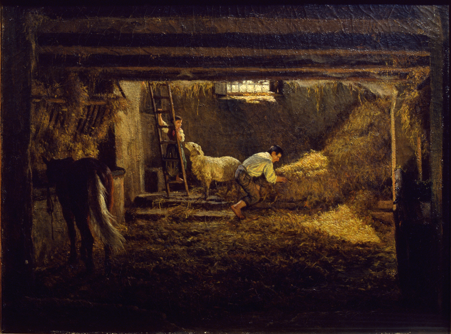 Abbozzo interno di stalla, cavallo bianco, cavallo nero e figura - Effetto di sole, scena agreste (dipinto, opera isolata) di Palizzi Filippo (XIX)