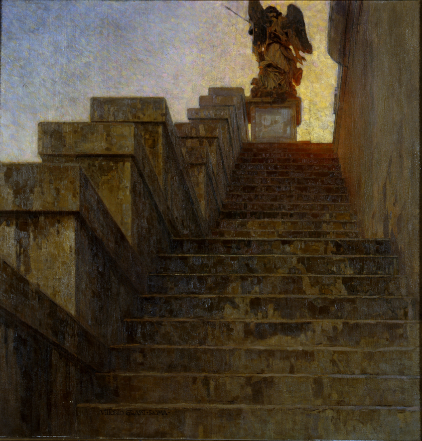 Ascensione, Veduta architettonica. Scalinata (dipinto, opera isolata) di Grassi Vittorio (XX)