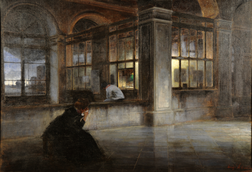 Partenza mattutina, veduta interna di una stazione con figure (dipinto, opera isolata) di Selvatico Luigi (XX)