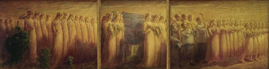 I funerali di una vergine, soggetto religioso (dipinto - trittico, insieme) di Previati Gaetano (XX)