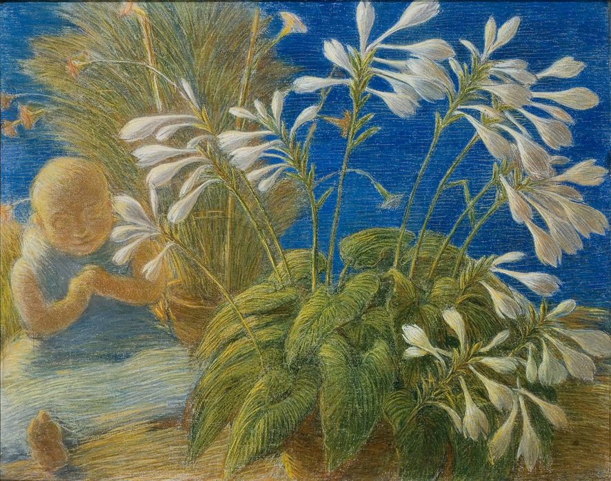 Gigli giapponesi, soggetto floreale (dipinto, opera isolata) di Previati Gaetano (XX)