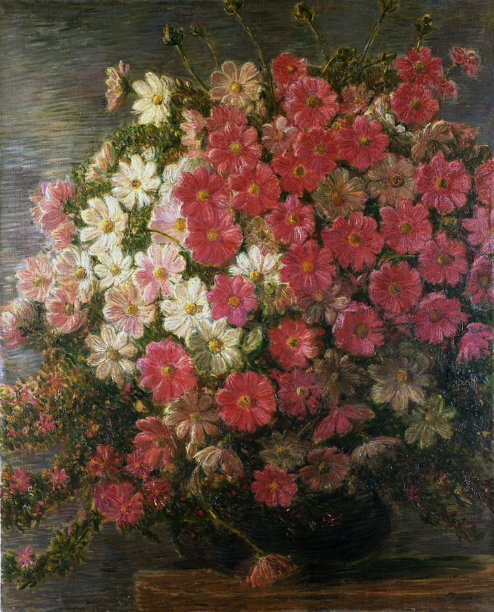 Dalie, soggetto floreale (dipinto, opera isolata) di Previati Gaetano (XX)