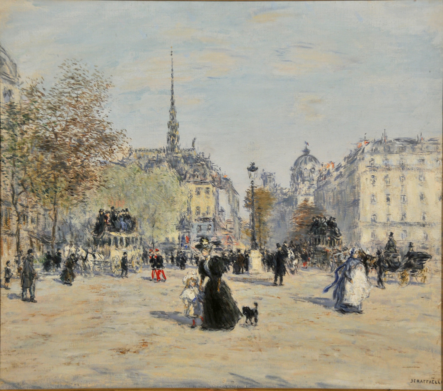 Place St. Michel et la Sainte Chapelle, Veduta di Parigi (dipinto, opera isolata) di Raffaelli Jean-François (XIX)