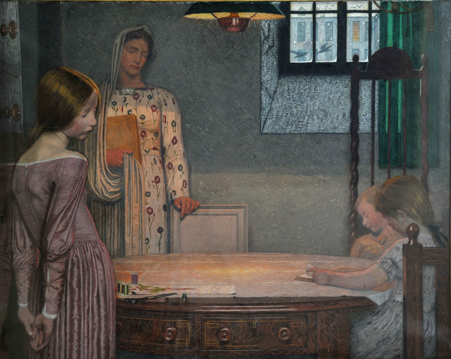 Serata invernale, Una fanciulla e tre bambini intorno ad un tavolo (dipinto, opera isolata) di Cayley Robinson Frederick (XX)