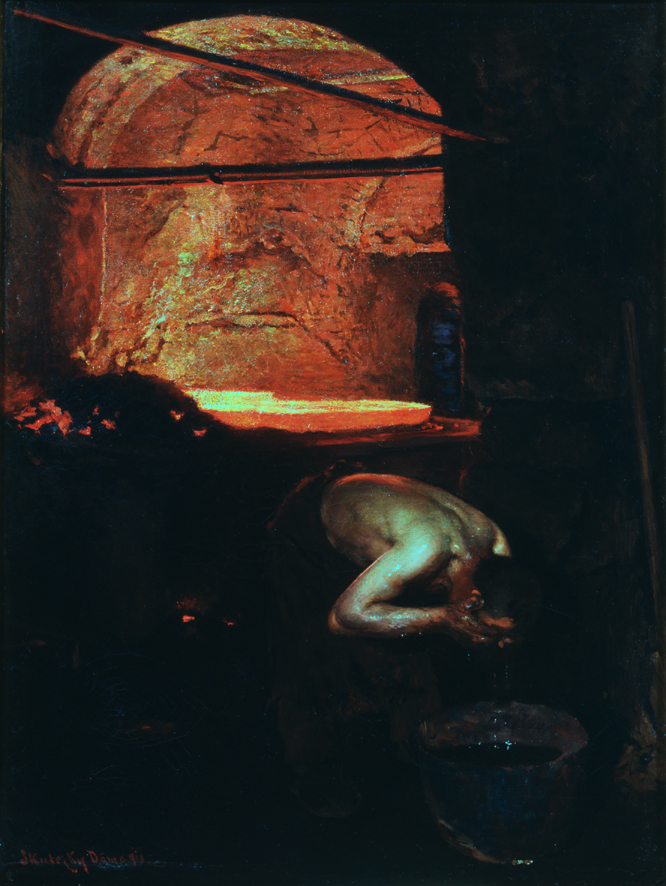 Dopo un lavoro faticoso, Uomo in una fonderia (dipinto, opera isolata) di Skuteczky Döme (XX)