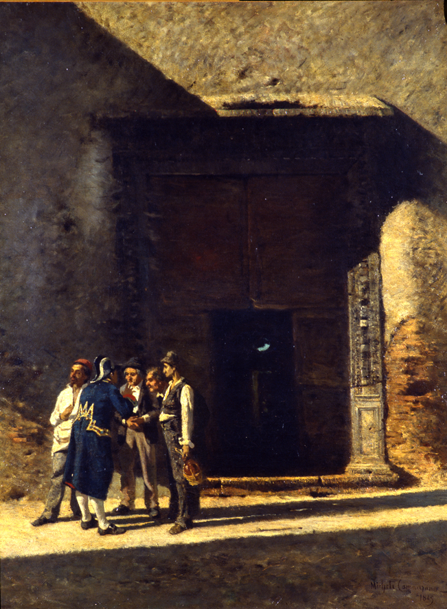 Chiacchiere in piazza in Piscinula, scena di genere (dipinto, opera isolata) di Cammarano Michele (XIX)
