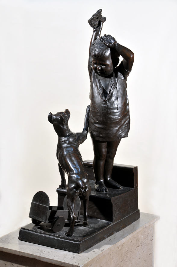 Una sorpresa per le scale, bambino sulle scale con cane (scultura, opera isolata) di Cecioni Adriano (XIX)