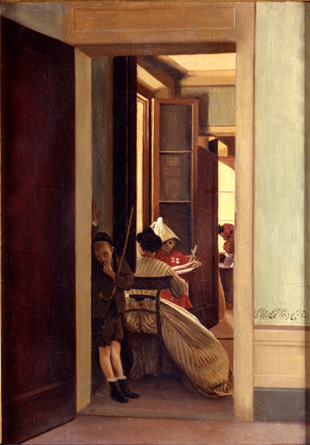 Interno (Gioco interrotto), scena d'interno (dipinto, opera isolata) di Cecioni Adriano (XIX)