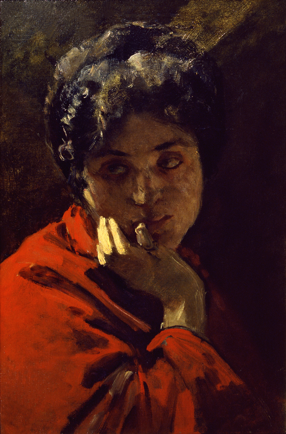 Ritratto di donna in rosso, ritratto femminile (dipinto, opera isolata) di Morelli Domenico (XIX)