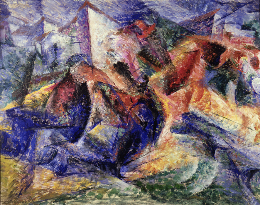 Cavallo + cavaliere + caseggiato, Paesaggio urbano (dipinto, opera isolata) di Boccioni Umberto (XX)