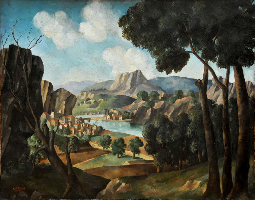 Paesaggio classico, paesaggio (dipinto, opera isolata) di Paresce Renato (XX)
