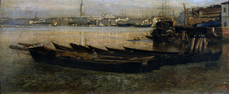 Venezia dai giardini pubblici, paesaggio (dipinto, opera isolata) di Costa Nino (sec. XIX)