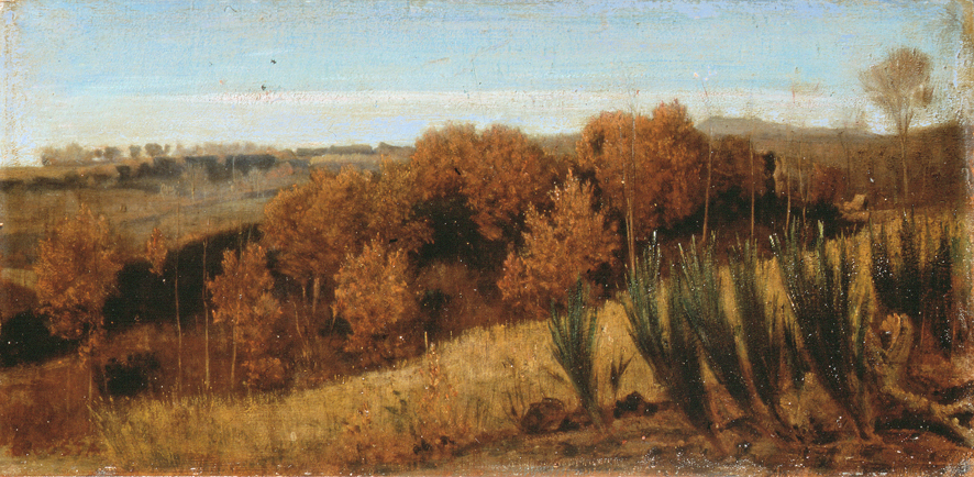 Le querce secche (dieci minuti dopo la calata del sole sui Colli Albani), Paesaggio (dipinto, opera isolata) di Costa Nino (XIX)