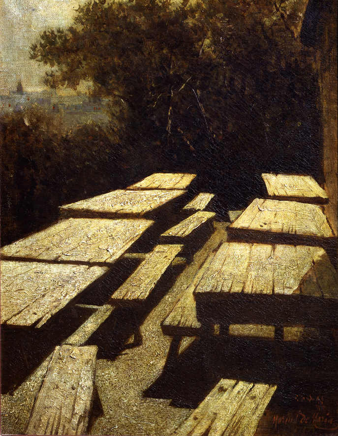Luna sulle tavole di un'osteria, veduta (dipinto, opera isolata) di De Maria Mario (XIX)