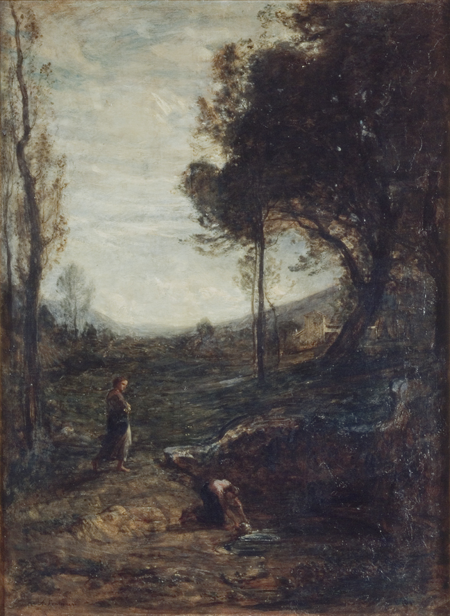 Alla fontana, paesaggio (dipinto, opera isolata) di Fontanesi Antonio (XIX)
