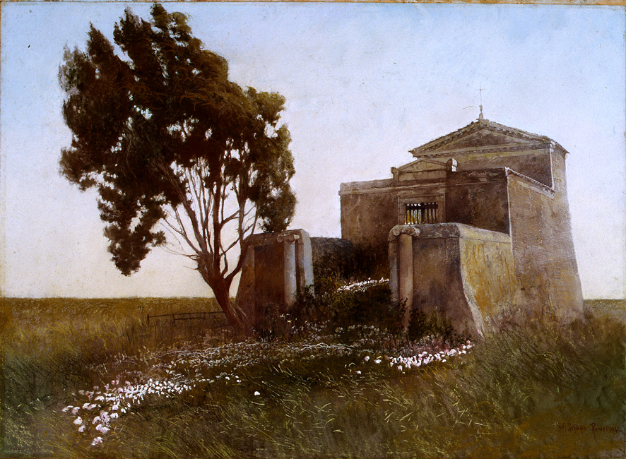 Camposanto di Ostia Antica, paesaggio (dipinto, opera isolata) di Sartorio Giulio Aristide (XX)