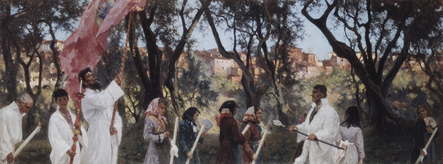 Passa la processione, scena di guerra (dipinto, opera isolata) di Gioli Francesco (XIX)