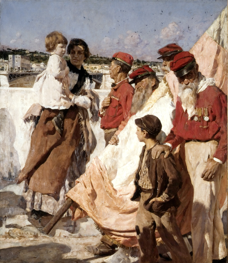 Camicie rosse, Soldati e donna con bambino (dipinto, opera isolata) di Coromaldi Umberto (XIX)