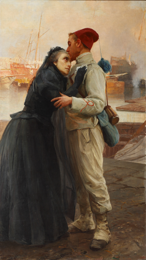 La Madre (L'addio di un bersagliere alla madre), scena di genere (dipinto, opera isolata) di Montefusco Vincenzo (XIX)
