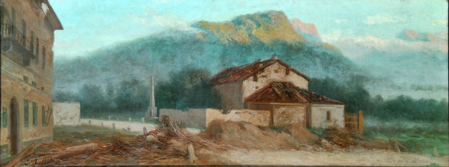Biumo presso Varese dove rimase ucciso Ernesto Cairoli, scena storica (dipinto, opera isolata) di Ademollo Carlo (XIX)