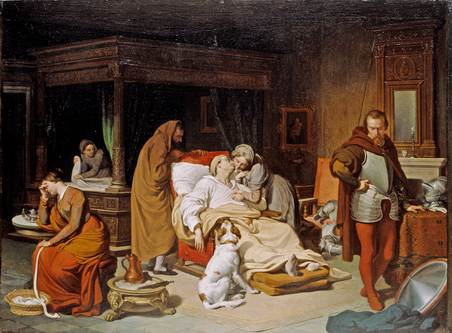 Ludovico Martelli, ferito a morte in duello, abbraccia la fidanzata Maria Ricci vedova a Roncitondi, soggetto storico (dipinto, opera isolata) di Coghetti Francesco (XIX)