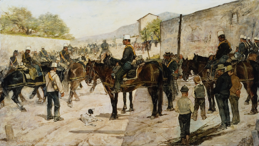 Esercitazioni militari, scena di genere (dipinto, opera isolata) di Fattori Giovanni (XIX)
