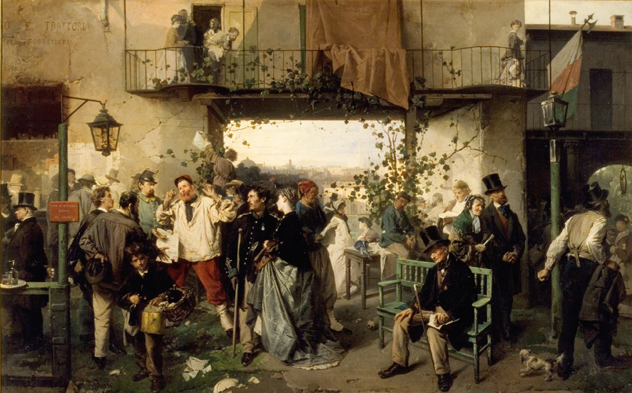 L'arrivo del bollettino della pace di Villafranca, scena storica (dipinto, opera isolata) di Induno Domenico (XIX)