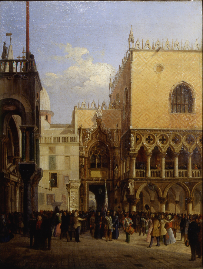 La Guardia Civica esce dal Palazzo Ducale il 4 Luglio 1848, veduta di Venezia (dipinto) di Bisi Luigi (sec. XIX)