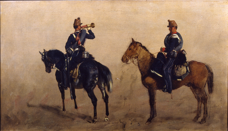 Un trombettiere e un soldato dei Cavalleggeri di Alessandria a cavallo (Napoli) (dipinto) di Palizzi Filippo (XIX)