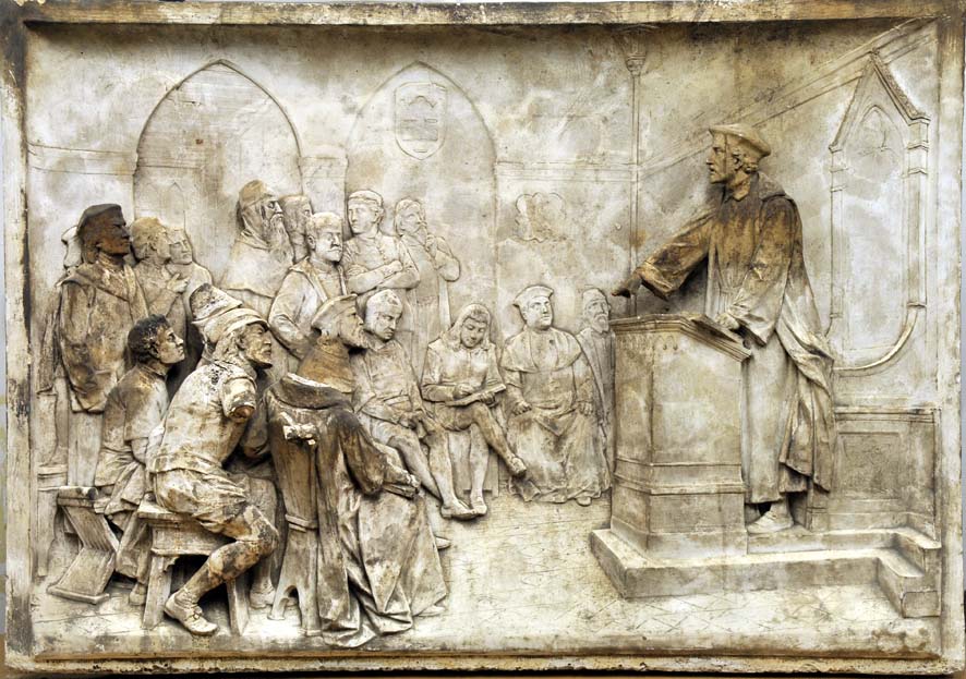 Lezione a Oxford (bassorilievo per il Monumento a Giordano Bruno), Episodio della vita di Giordano Bruno (bassorilievo, opera isolata) di Ferrari Ettore (XIX)