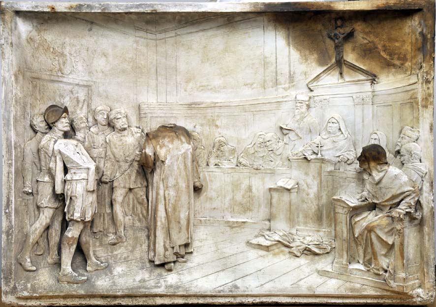 Il processo (bassorilievo per il Monumento a Giordano Bruno), Episodio della vita di Giordano Bruno (bassorilievo, opera isolata) di Ferrari Ettore (XIX)