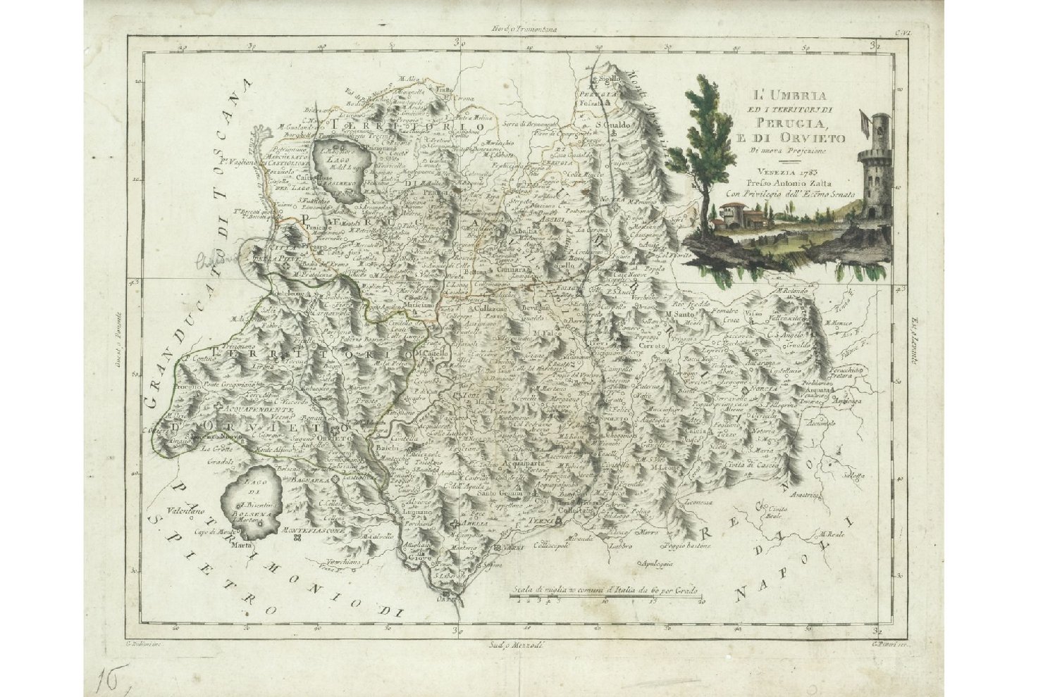 L'Umbria ed i territori di Perugia e di Orvieto, carta geografica (stampa) di Pitteri G, Hoefnagel Georg (secc. XVIII/ XX)
