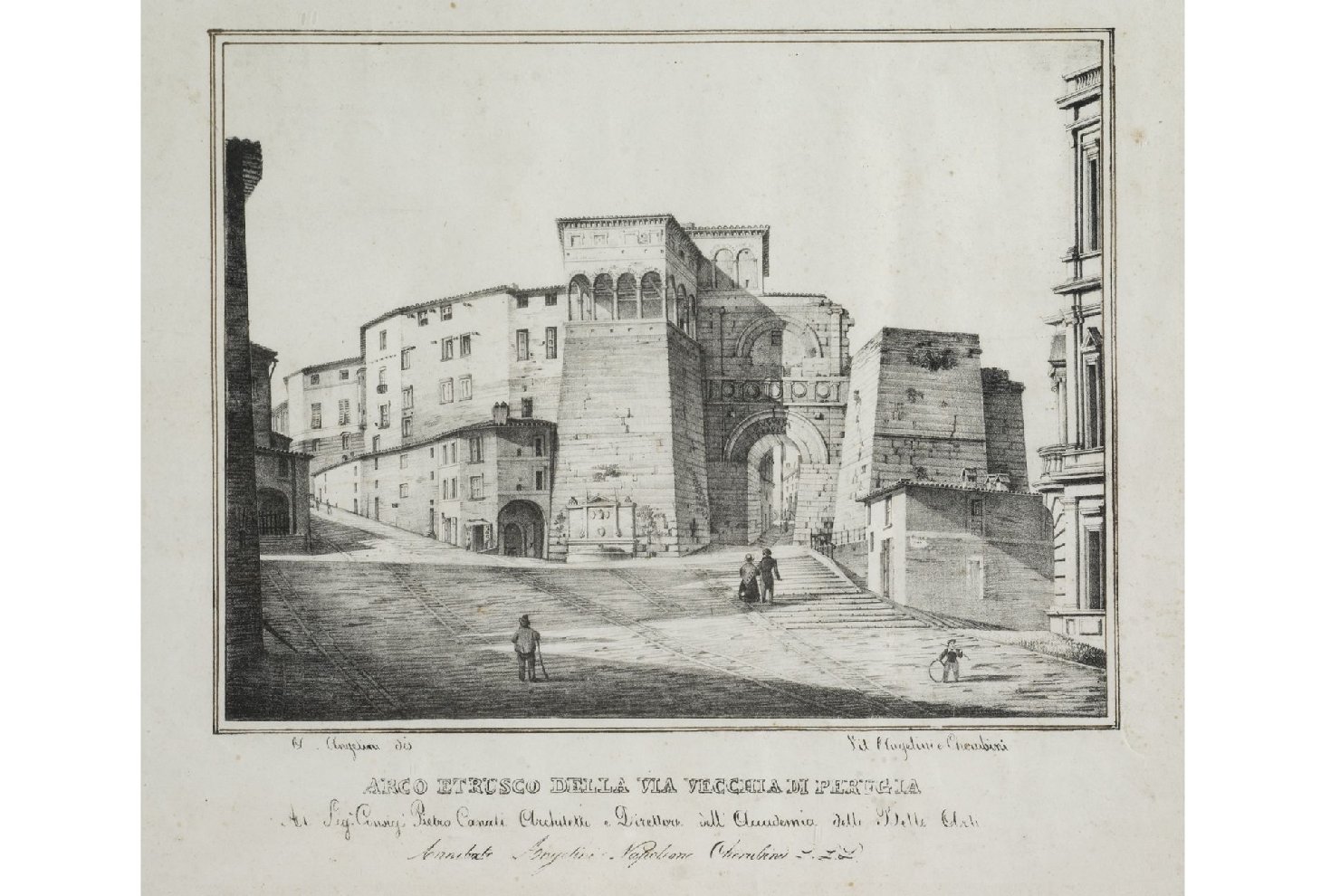 Arco Etrusco della via Vecchia di Perugia, veduta di Perugia (stampa) di Cherubini Napoleone, Angelini Annibale (secc. XIX/ XX)