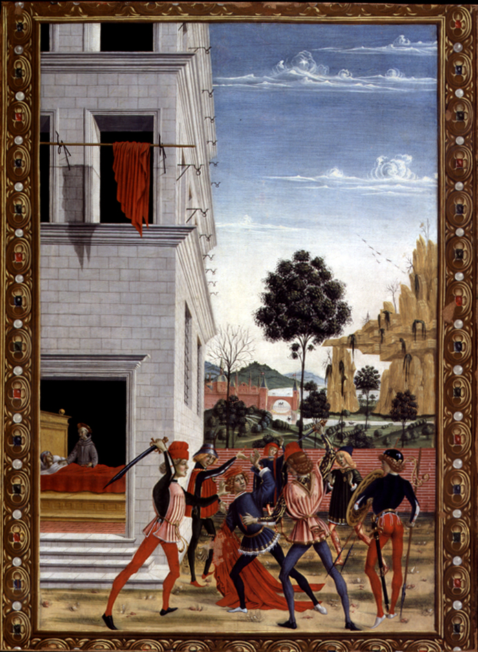 San Bernardino appare di notte a Giovanni Antonio Tornano ferito in un agguato e lo risana (dipinto, elemento d'insieme) di Pierantonio di Niccolò (seconda metà sec. XV)
