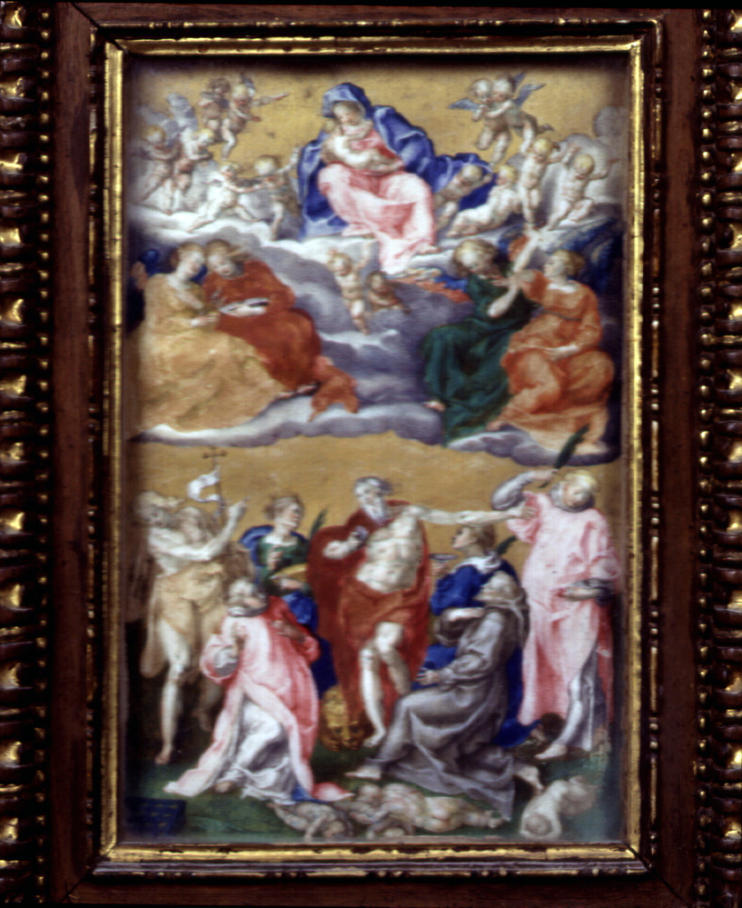 Madonna con Bambino e Santi (miniatura, insieme) di Franchi Cesari detto il Pollino (attribuito) (sec. XVI)