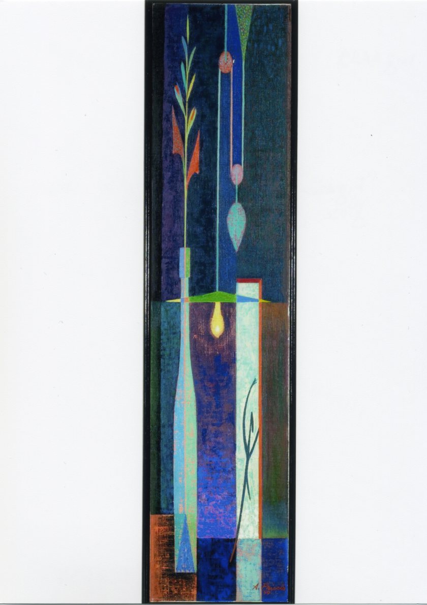 Dream, Figura stilizzata, bottiglia con fiore, lampadario (dipinto) di Albert Friscia (sec. XX)