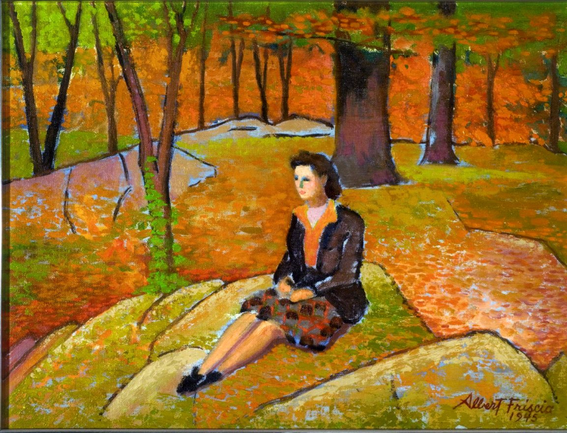 Figure seated in a wood, Donna seduta, prato, alberi (dipinto) di Albert Friscia (sec. XX)