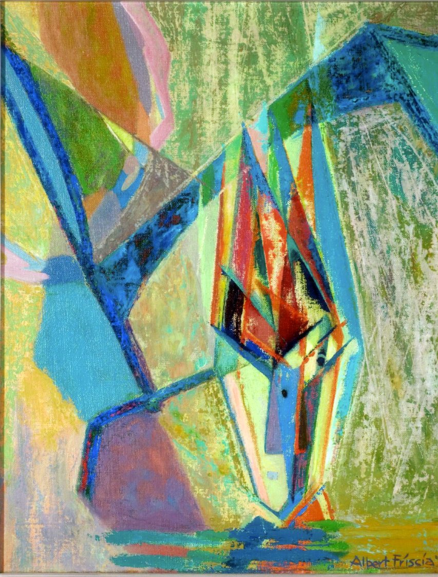 The bicycle boy, Rappresentazione astratta con figura maschile e bicicletta (dipinto) di Albert Friscia (sec. XX)